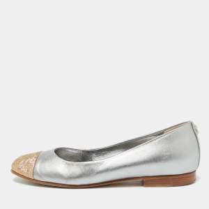 Chanel Grey/Gold Leather CC Cap Toe Ballet Flats Size 35