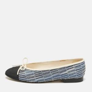 Pre Owned Chanel Multicolor Tweed and Grosgrain CC Bow Ballet Flats Size 39.5
