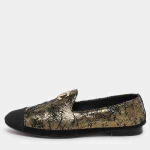 Chanel Gold/Black Printed Suede and Fabric CC Cap Toe Loafers Size 39