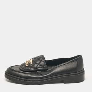 Pre Owned Chanel Black Leather Quilted CC Turnlock Loafers Size 37