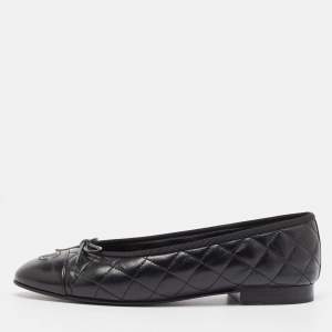 Pre Owned Chanel Black Quilted Leather CC Bow Cap Toe Ballet Flats Size 39.5