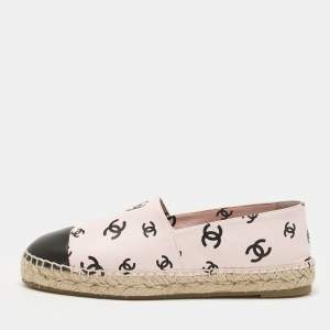 Chanel Pink/Black Leather CC Printed Cap Toe Espadrille Flats Size 41