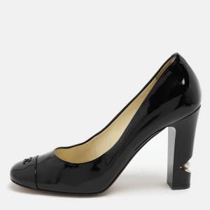 Chanel Black Patent Leather CC Cap Toe Pumps Size 38