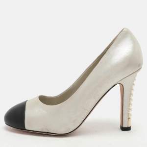 Chanel Silver/Black Leather Cap Toe Embellished Pumps Size 40