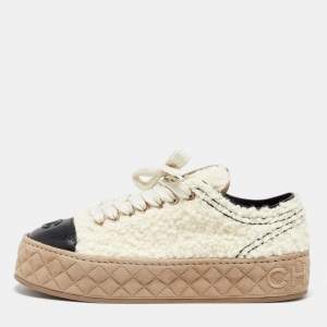 Chanel Beige/Black Shearling and Leather Cap Toe CC Low Top Sneakers Size 40