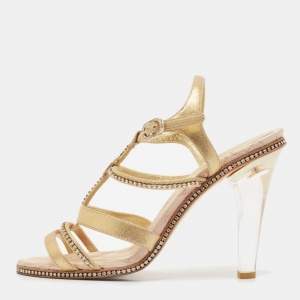 Chanel Gold Textured Suede Crystal Embellished CC Strappy Sandals Size 39