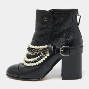 Chanel Black Leather Pearl Embellished Ankle Length Boots Size 39