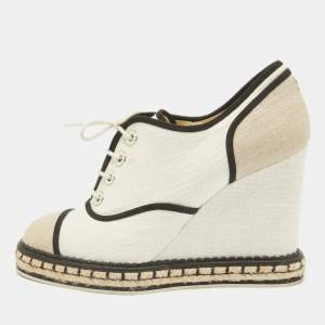 Chanel White/Beige Canvas Wedge Sneakers Size 39.5