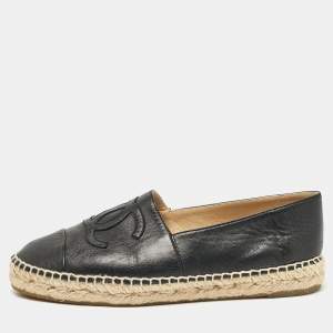 Chanel Black Leather CC Cap Toe Espadrille Flats Size 38