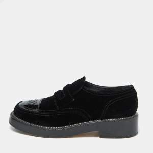 Chanel Black Velvet and Patent Leather CC Slip on Loafers Size 39.5