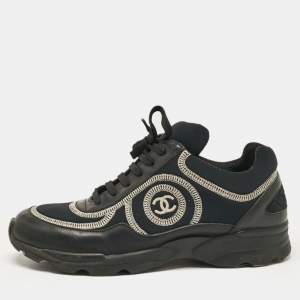 Chanel Black Leather and Neoprene CC Low Top Sneakers Size 37