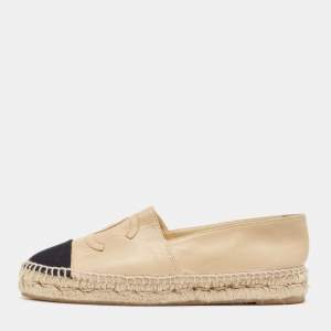 Pre Owned Chanel Beige/Black Leather and Canvas CC Espadrille Flats Size 37