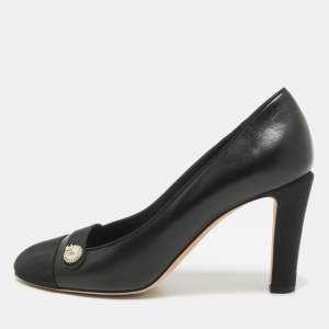 Chanel Black Leather and Canvas Cap Toe CC Pearl Detail Pumps Size 39