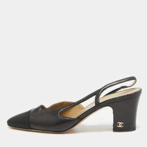 Chanel Black Leather and Canvas CC Slingback D'orsay Pumps Size 37