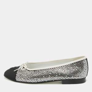 Pre Owned Chanel Silver/Black Crystals and Suede CC Ballet Flats Size 36
