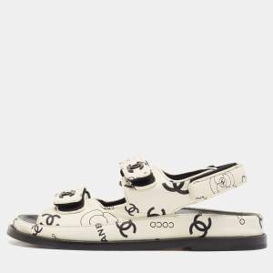 Chanel Cream/Black CC Leather Dad Flat Sandals Size 38