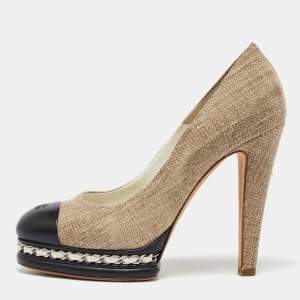 Chanel Beige/Black Fabric and Leather CC Cap Toe Platform Pumps Size 39