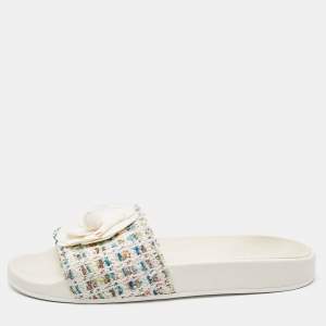 Chanel Multicolor Camellia Tweed CC  Flat Slides Size 40