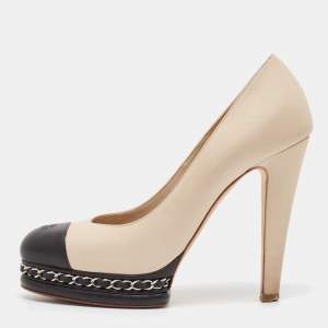 Chanel Beige/Black Leather CC Chain Link Platform Pumps Size 38.5
