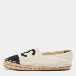 Pre Owned Chanel White/Black Tweed CC Espadrille Flats Size 39