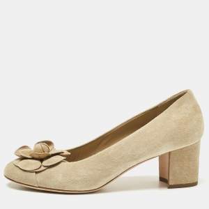 Pre Owned Chanel Khaki Beige Suede Camellia Cap Toe Block Heel Pumps Size 39