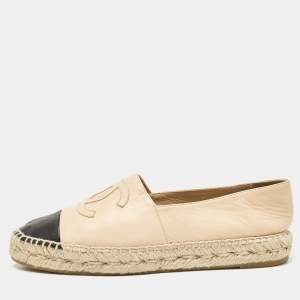 Chanel Beige/Black Leather CC Espadrille Flats Size 38