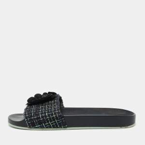 Chanel Black/Green Tweed Grosgrain Camellia Slide Sandals Size 42