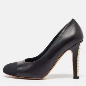 Pre Owned Chanel Black Leather and Fabric Cap Toe Faux Pearl Heel Pumps Size 40