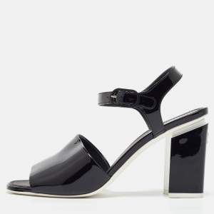 Chanel Black Patent Leather CC Block Heel Ankle Strap Sandals 40