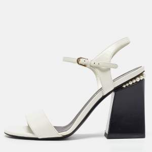 Chanel White Leather CC Block Heel Ankle Strap Sandals Size 39.5