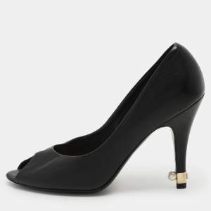 Chanel Black Leather CC Embellished Peep Toe Pumps Size 36