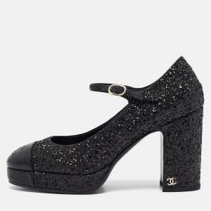 Pre Owned Chanel Black Glitter and Leather CC Platform Mary Jane Pumps Size 37