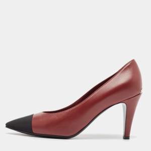 Chanel Burgundy/Black Leather and Fabric Cap Toe Pumps Size 39