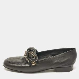 Pre Owned Chanel Black Leather Interlocking Chain Link Loafers Size 38.5