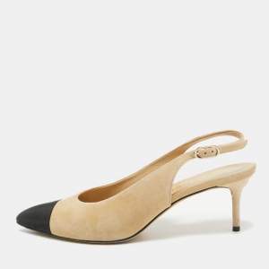 Chanel Beige/Black Leather and Suede Cap Toe Slingback Pumps Size 41