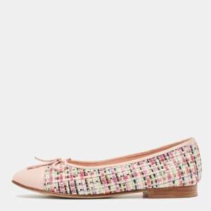 Chanel Multicolor Tweed and Leather CC Cap Toe Bow Ballet Flats Size 36