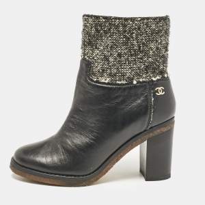 Chanel Black Leather and Tweed Ankle Length Boots Size 38.5