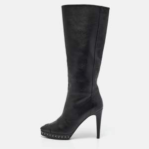 Chanel Black Leather Chain Detail Cap Toe Mid Length Boots Size 38.5