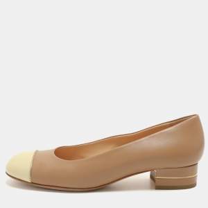 Pre Owned Chanel Brown/Beige Patent and Leather CC Cap Toe Block Heel Pumps Size 41
