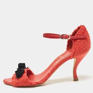 Chanel Red Tweed CC Bow Ankle Strap Sandals Size 38.5