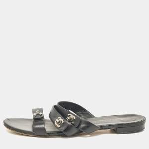 Chanel Black Leather CC Turnlock Triple Strap Flat Slides Size 40