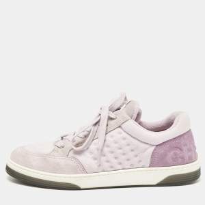 Pre Owned Chanel Purple Fabric and Suede CC Low Top Sneakers Size 38.5