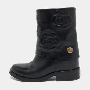 Chanel Black Leather CC Camellia Stitched Ankle Boots Size 37