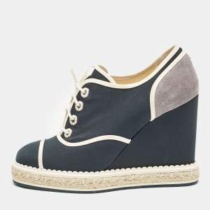 Chanel Blue/Grey Fabric and Suede Wedge Sneakers Size 37