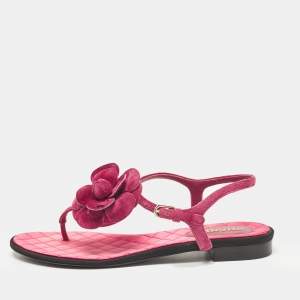 Chanel Purple CC Suede Flower Ankle Strap Sandals Size 39
