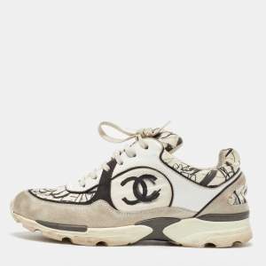 Chanel White/Grey Leather and Suede Graffiti CC Trainers Sneakers Size 39.5