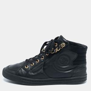 Chanel Black Leather CC Double Zip Accent High Top Sneakers Size 37