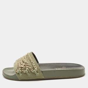 Chanel Green Denim Chain Embellished Tropiconic Flat Slides Size 40