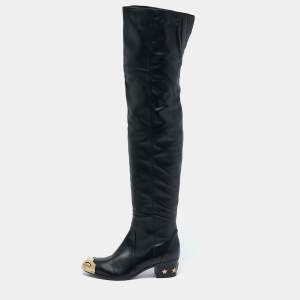 Chanel Black Leather Paris Dallas Metal Cap Toe Over The Knee Boots Size 40