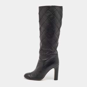 Chanel Black Leather CC Cap Toe  Mid Calf Boots Size 36.5